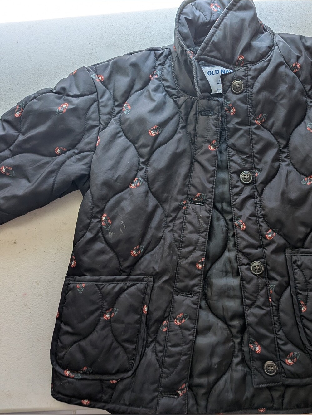 Old Navy Black Quilted Kids' Jacket with Small Red Floral Print